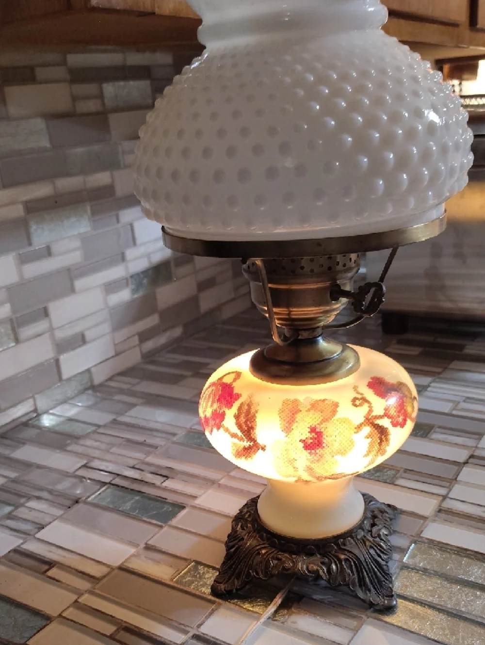 Vintage-Style White Hobnail Glass Table Lamp with Floral Base